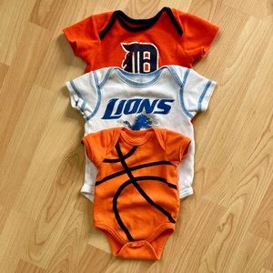 NFL/Adidas/Swiggles: 3 Detroit/sports onesies from a 0-3 months to a 6-9 months.